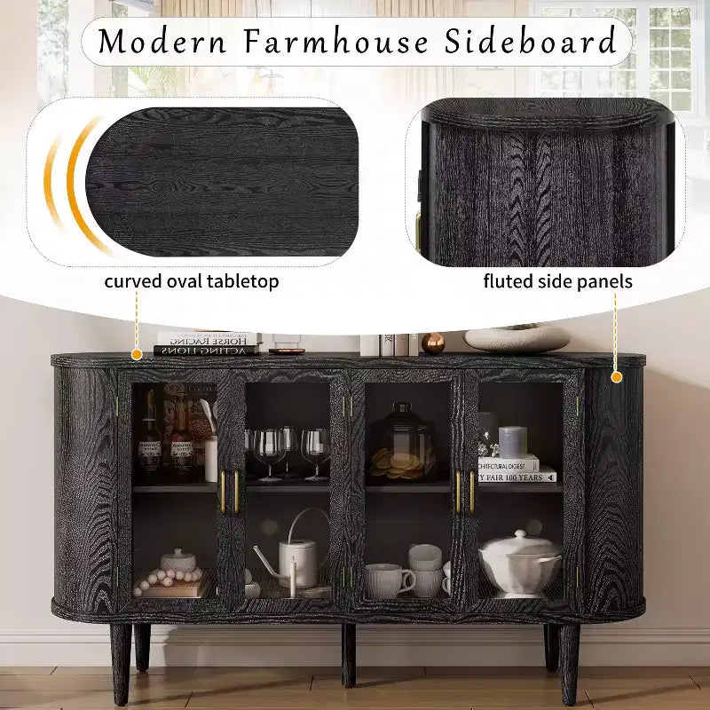 Farmhouse Storage Cabinet Sideboard Wood Buffet Accent Cabinet with Glass Doors & Adjustable Shelves, Black/Natural-ModernLuxe