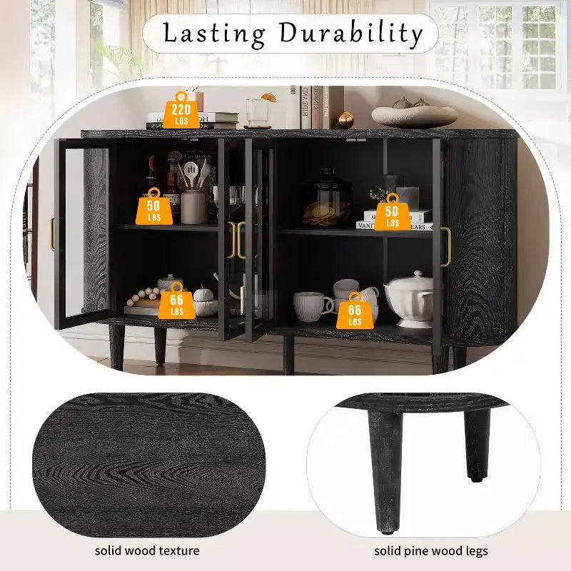 Farmhouse Storage Cabinet Sideboard Wood Buffet Accent Cabinet with Glass Doors & Adjustable Shelves, Black/Natural-ModernLuxe