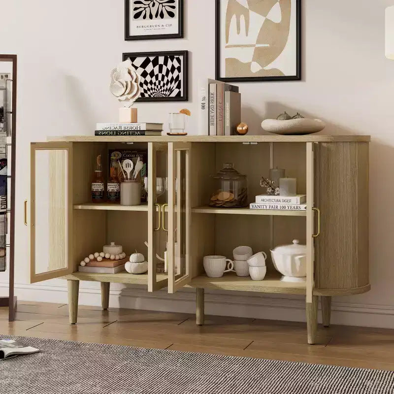 Farmhouse Storage Cabinet Sideboard Wood Buffet Accent Cabinet with Glass Doors & Adjustable Shelves, Black/Natural-ModernLuxe