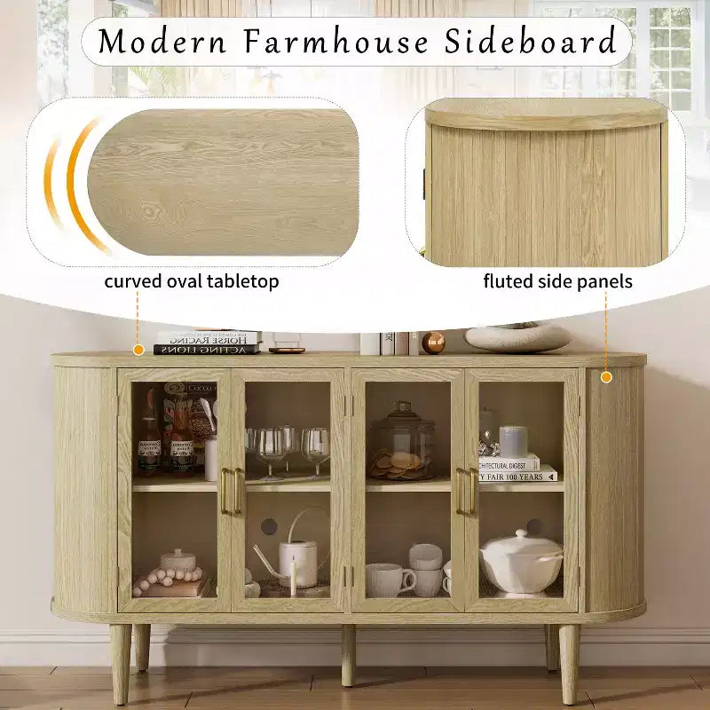 Farmhouse Storage Cabinet Sideboard Wood Buffet Accent Cabinet with Glass Doors & Adjustable Shelves, Black/Natural-ModernLuxe