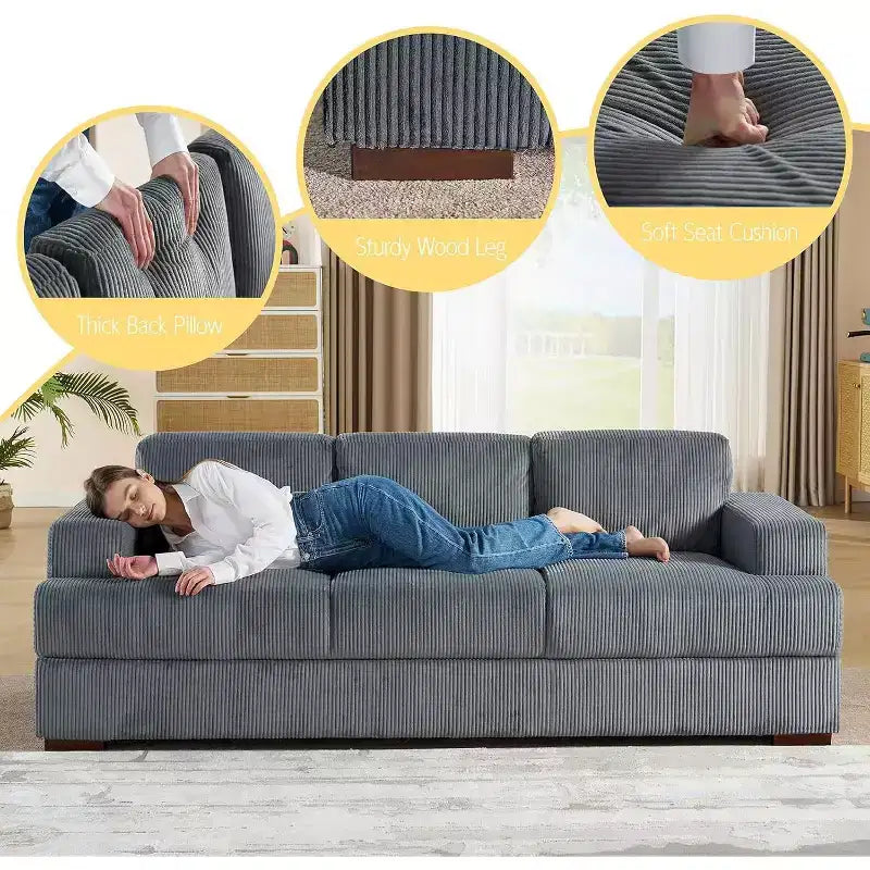 AMERLIFE Comfy Couch with Deep Seat& Wood Legs, Upholstered Sofa for Living Room