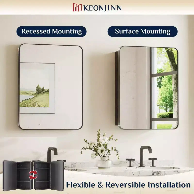 Keonjinn Metal Framed Rectangular Framed Recessed/Surface Mount Medicine Cabinet with Mirror