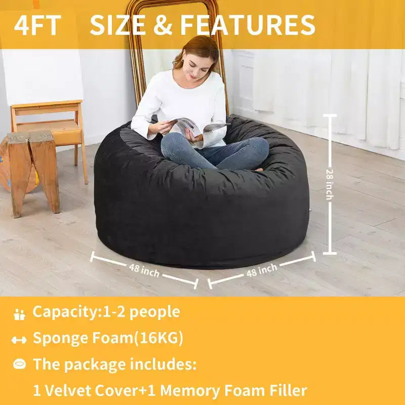 4 Foot Bean Bag Chair,Memory Foam Big Bean Bag for Adults, Big Sofa with Fluffy Removable Microfiber Cover 4'