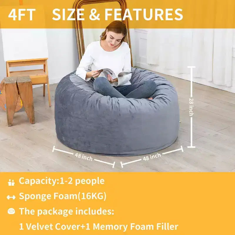 4 Foot Bean Bag Chair,Memory Foam Big Bean Bag for Adults, Big Sofa with Fluffy Removable Microfiber Cover 4'
