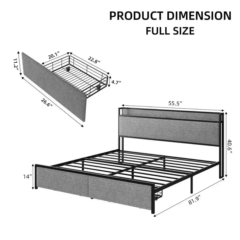 Bed Frame with Drawers, Platform Bed Frame with Storage & Charging Station Headboard, No Box Spring Needed, Easy Assembly, Noise Free, Gray