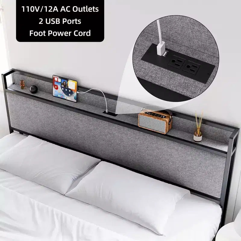 Bed Frame with Drawers, Platform Bed Frame with Storage & Charging Station Headboard, No Box Spring Needed, Easy Assembly, Noise Free, Gray
