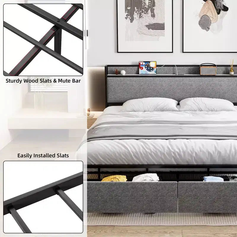Bed Frame with Drawers, Platform Bed Frame with Storage & Charging Station Headboard, No Box Spring Needed, Easy Assembly, Noise Free, Gray