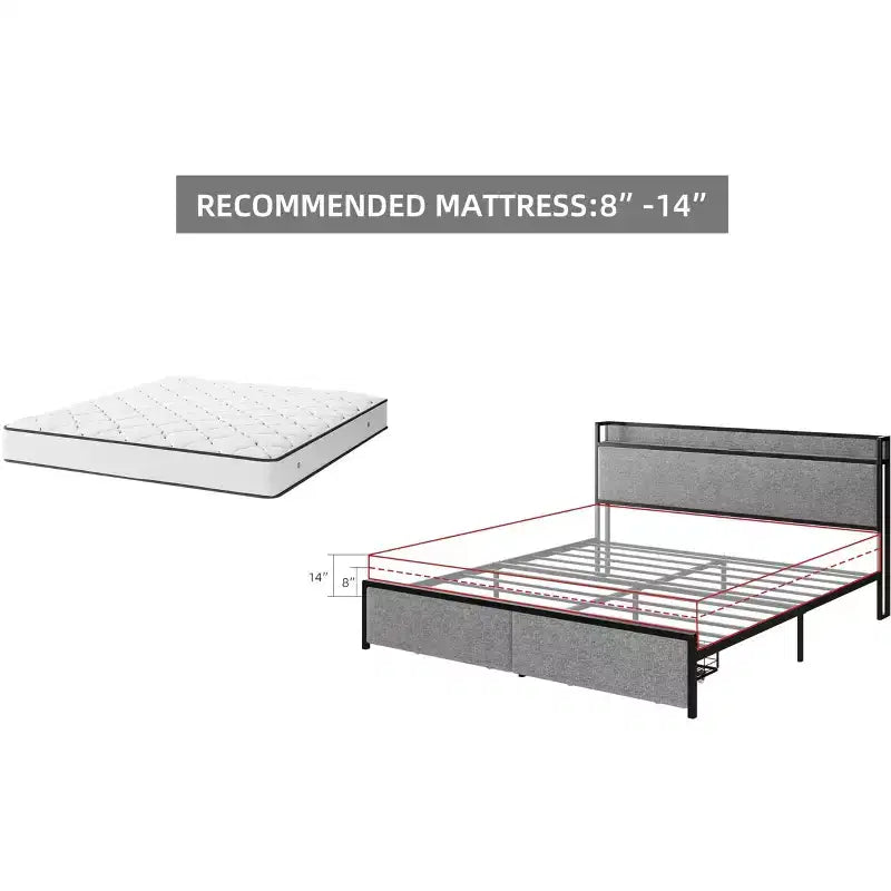 Bed Frame with Drawers, Platform Bed Frame with Storage & Charging Station Headboard, No Box Spring Needed, Easy Assembly, Noise Free, Gray