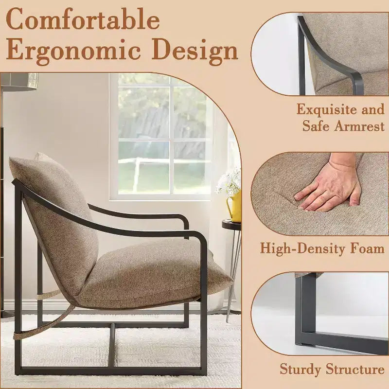 Modern Accent Chair Set of 2, Metal Frame Reading Chair with Armrest and Soft Foam Cushion, 280 Lbs Upholstered Sling Chairs for Living Room, Bedroom