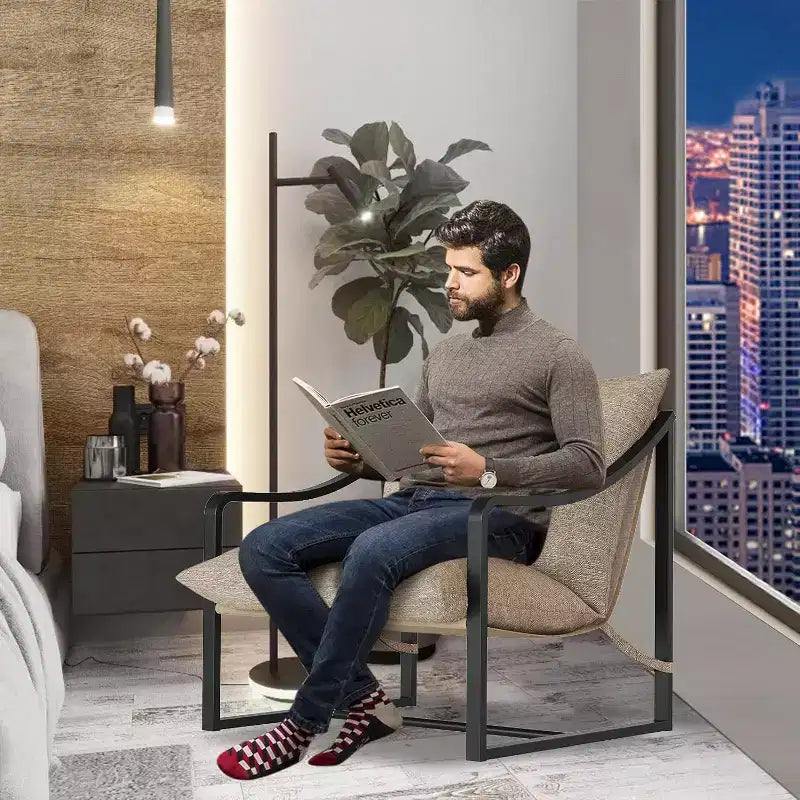 Modern Accent Chair Set of 2, Metal Frame Reading Chair with Armrest and Soft Foam Cushion, 280 Lbs Upholstered Sling Chairs for Living Room, Bedroom