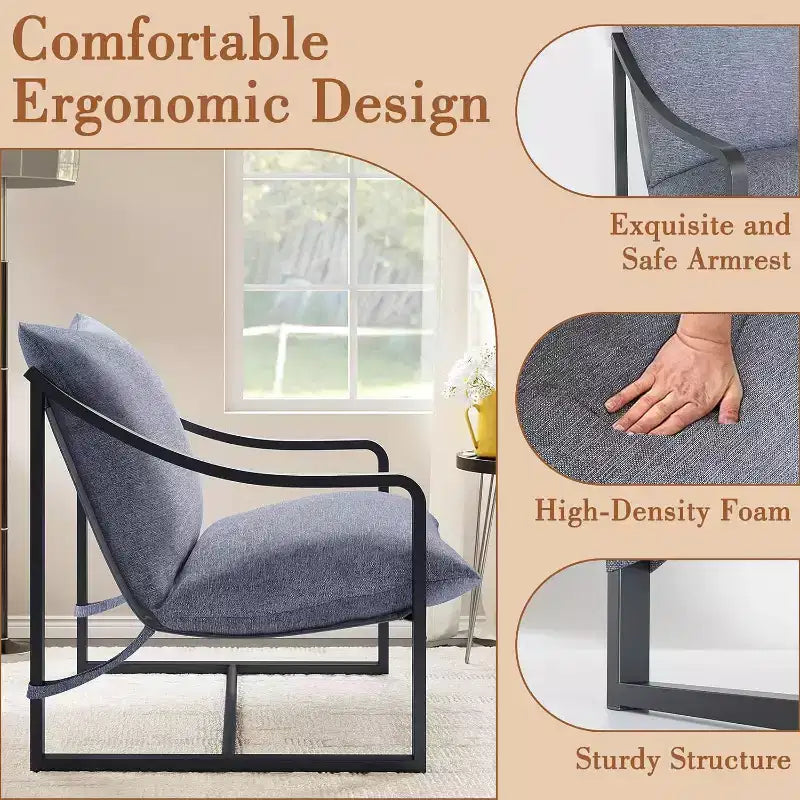 Modern Accent Chair Set of 2, Metal Frame Reading Chair with Armrest and Soft Foam Cushion, 280 Lbs Upholstered Sling Chairs for Living Room, Bedroom