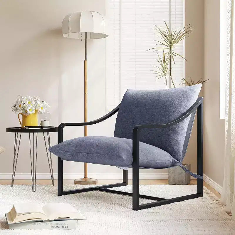 Modern Accent Chair Set of 2, Metal Frame Reading Chair with Armrest and Soft Foam Cushion, 280 Lbs Upholstered Sling Chairs for Living Room, Bedroom