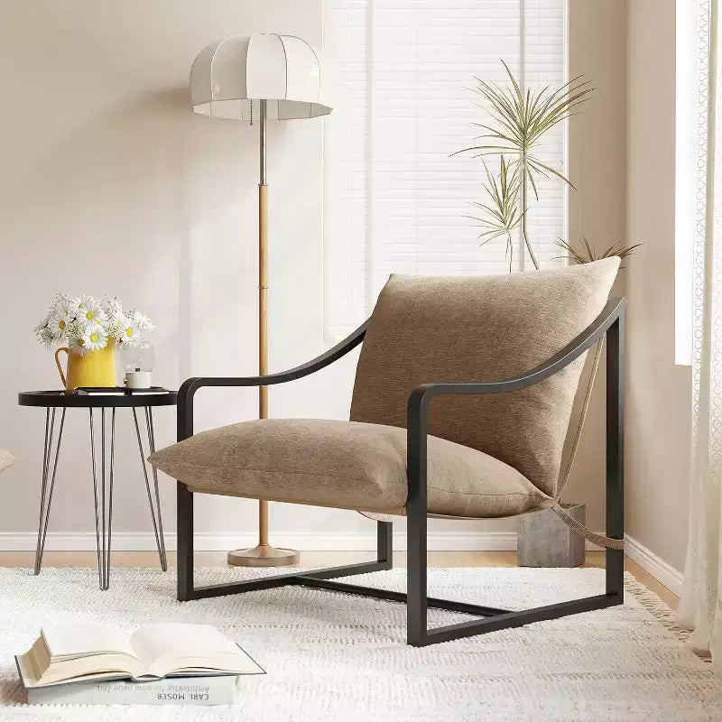 Modern Accent Chair Set of 2, Metal Frame Reading Chair with Armrest and Soft Foam Cushion, 280 Lbs Upholstered Sling Chairs for Living Room, Bedroom