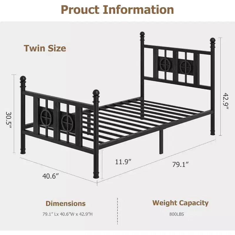 Bed Frame with Vintage Headboard & Footboard, Metal Frame with Under Bed Storage, No Box Spring Needed