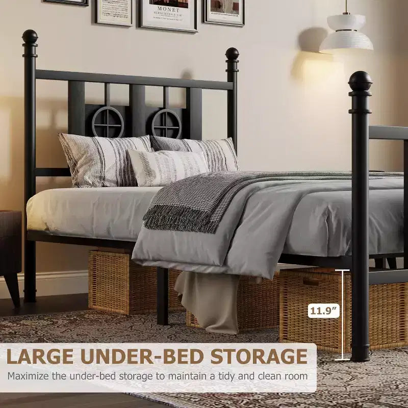 Bed Frame with Vintage Headboard & Footboard, Metal Frame with Under Bed Storage, No Box Spring Needed