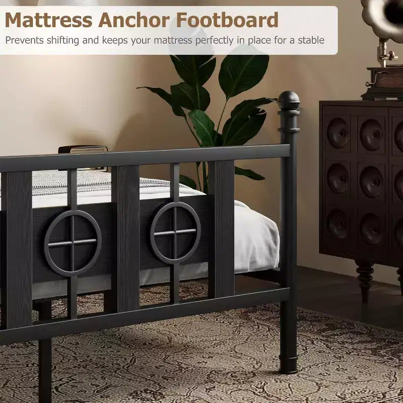 Bed Frame with Vintage Headboard & Footboard, Metal Frame with Under Bed Storage, No Box Spring Needed