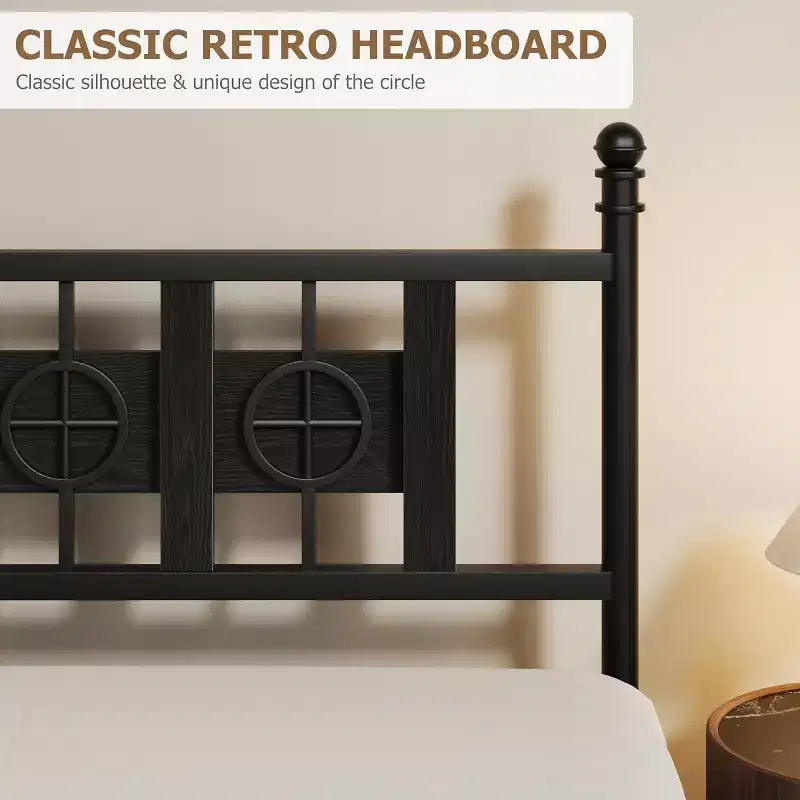 Bed Frame with Vintage Headboard & Footboard, Metal Frame with Under Bed Storage, No Box Spring Needed