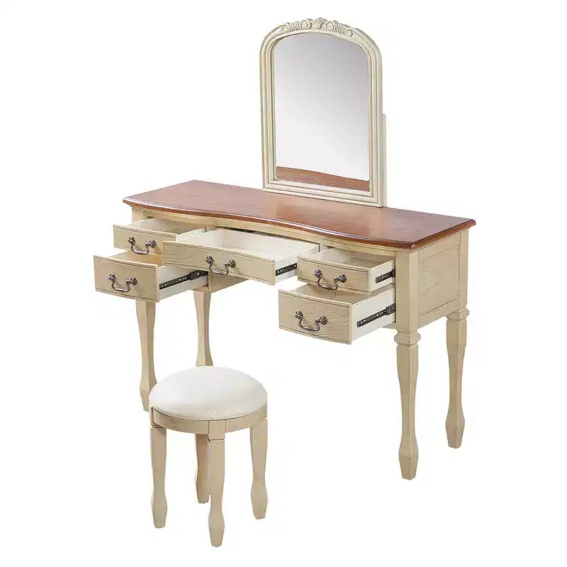 Whisen Vintage Makeup Vanity, Dressing Table with Curved Flower Frame Mirror, 5 Drawers and Leather Stool - Brown & Antique White