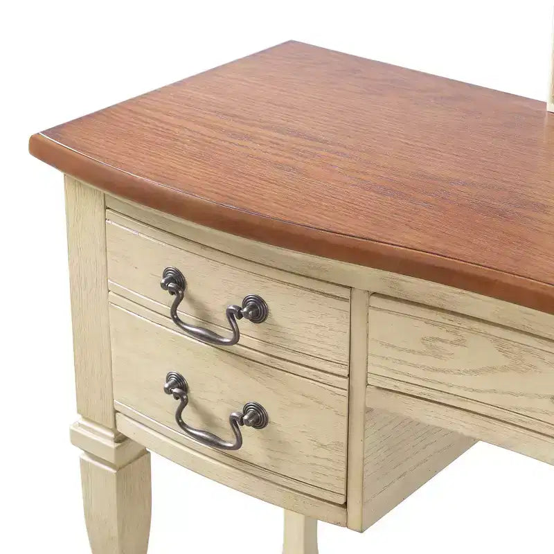 Whisen Vintage Makeup Vanity, Dressing Table with Curved Flower Frame Mirror, 5 Drawers and Leather Stool - Brown & Antique White
