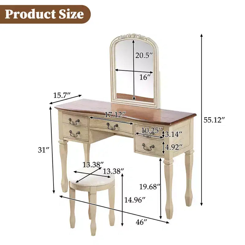 Whisen Vintage Makeup Vanity, Dressing Table with Curved Flower Frame Mirror, 5 Drawers and Leather Stool - Brown & Antique White
