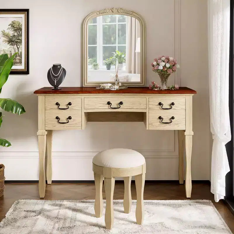 Whisen Vintage Makeup Vanity, Dressing Table with Curved Flower Frame Mirror, 5 Drawers and Leather Stool - Brown & Antique White