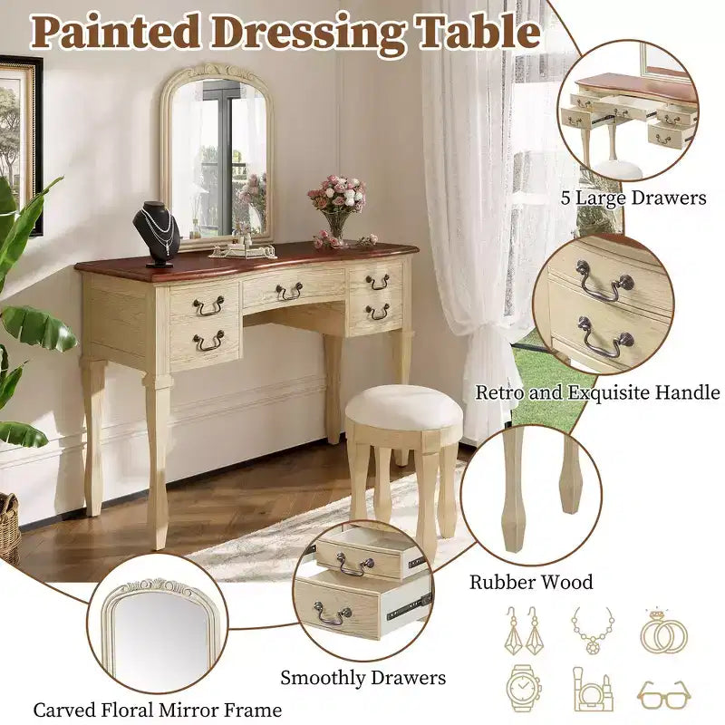 Whisen Vintage Makeup Vanity, Dressing Table with Curved Flower Frame Mirror, 5 Drawers and Leather Stool - Brown & Antique White