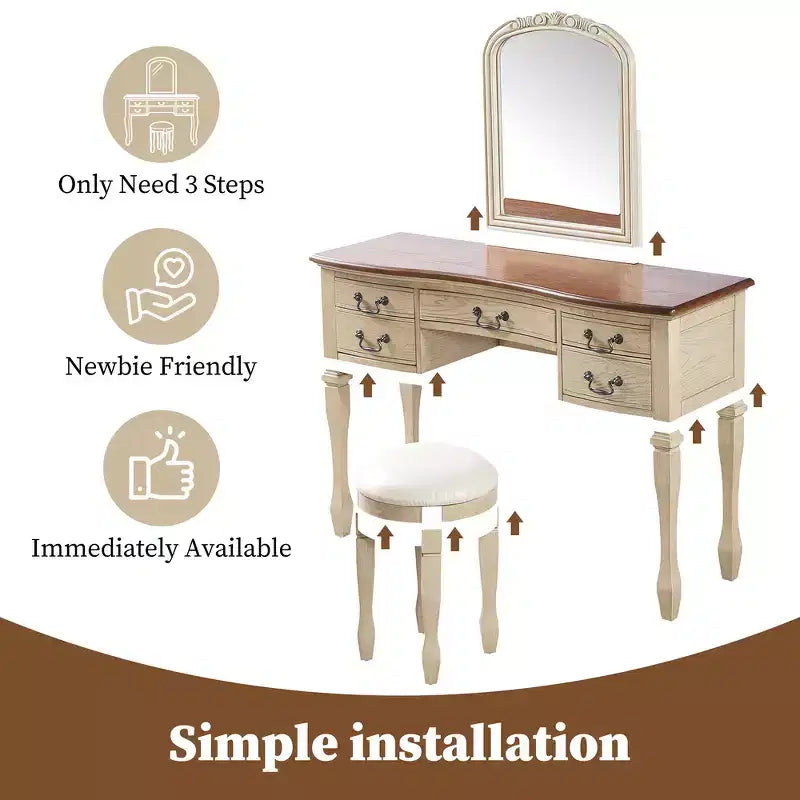 Whisen Vintage Makeup Vanity, Dressing Table with Curved Flower Frame Mirror, 5 Drawers and Leather Stool - Brown & Antique White