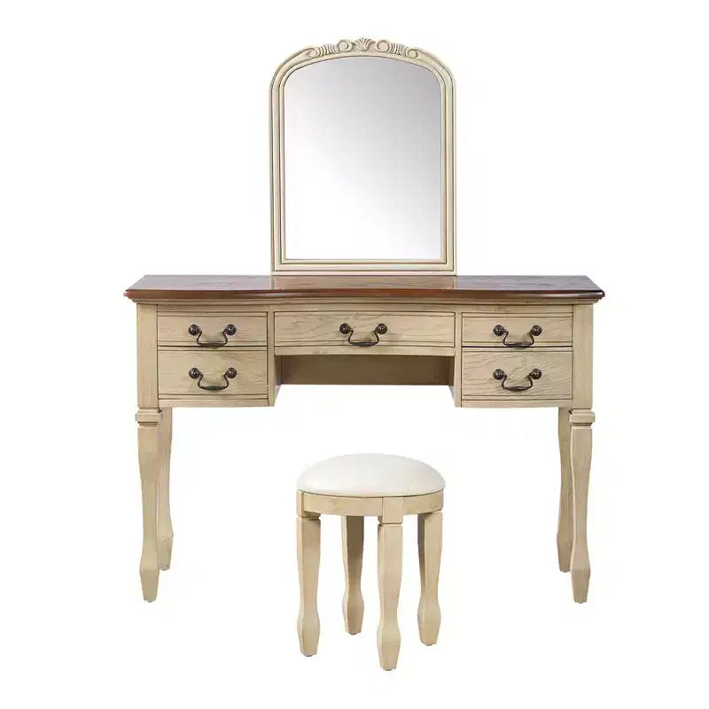 Whisen Vintage Makeup Vanity, Dressing Table with Curved Flower Frame Mirror, 5 Drawers and Leather Stool - Brown & Antique White
