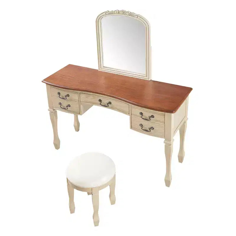 Whisen Vintage Makeup Vanity, Dressing Table with Curved Flower Frame Mirror, 5 Drawers and Leather Stool - Brown & Antique White