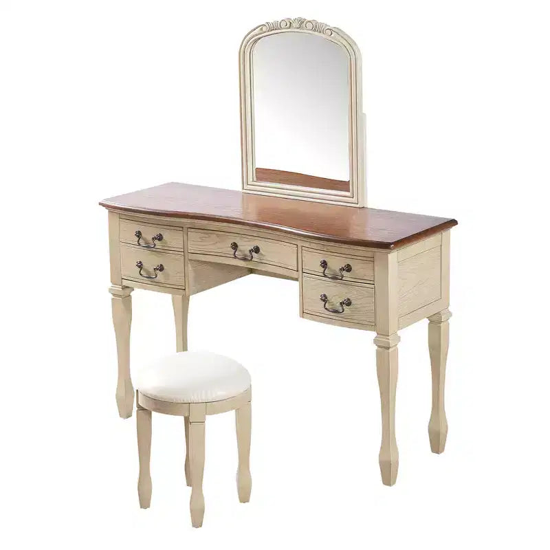 Whisen Vintage Makeup Vanity, Dressing Table with Curved Flower Frame Mirror, 5 Drawers and Leather Stool - Brown & Antique White