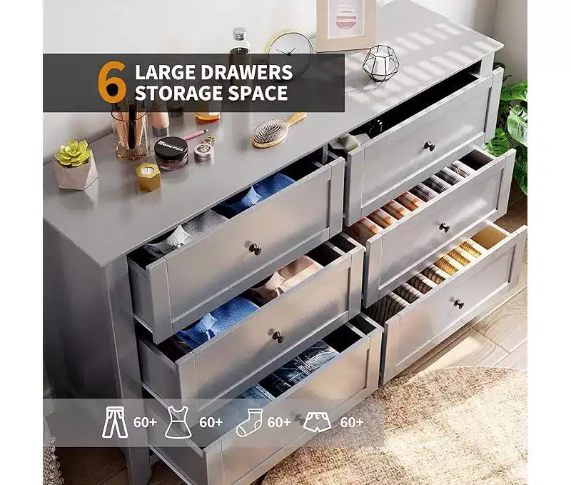 6 Drawer Dresser for Bedroom, 54 Wide Large Dresser with Deep Drawers & Metal Knobs, Modern Wooden Chests of Drawers for Entryway, Hallway