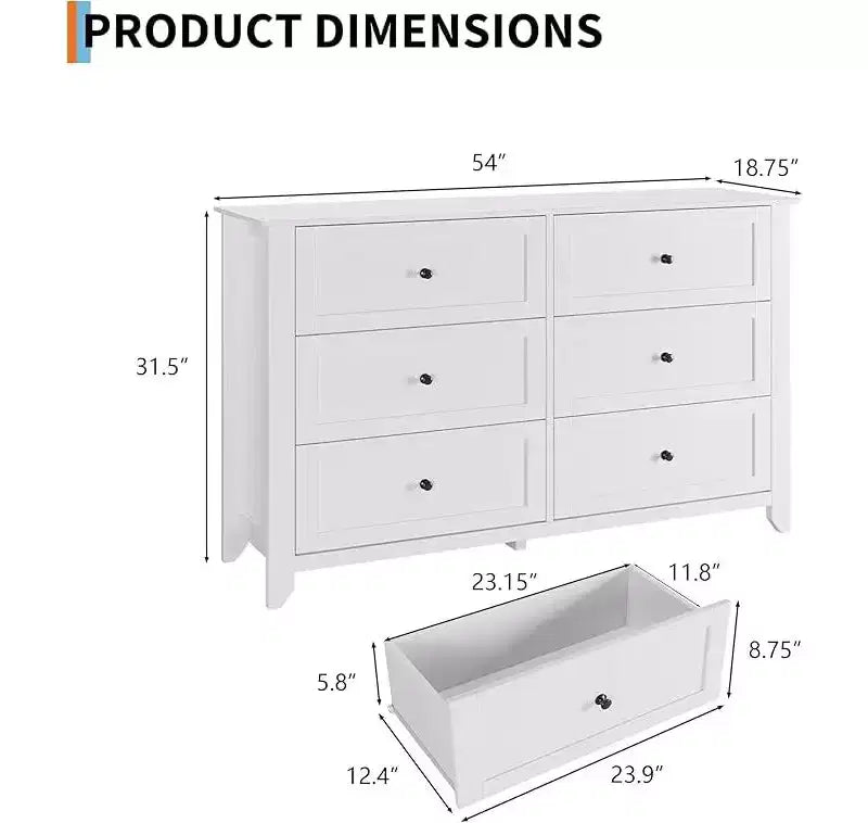 6 Drawer Dresser for Bedroom, 54 Wide Large Dresser with Deep Drawers & Metal Knobs, Modern Wooden Chests of Drawers for Entryway, Hallway