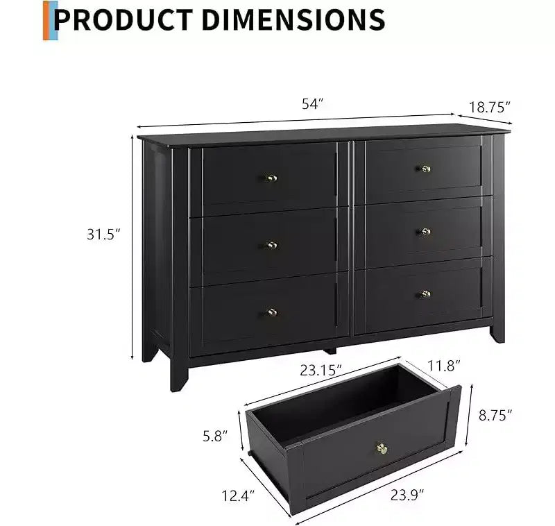 6 Drawer Dresser for Bedroom, 54 Wide Large Dresser with Deep Drawers & Metal Knobs, Modern Wooden Chests of Drawers for Entryway, Hallway