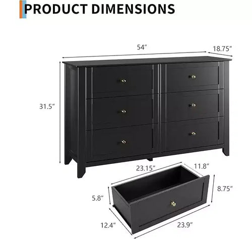 6 Drawer Dresser for Bedroom, 54 Wide Large Dresser with Deep Drawers & Metal Knobs, Modern Wooden Chests of Drawers for Entryway, Hallway
