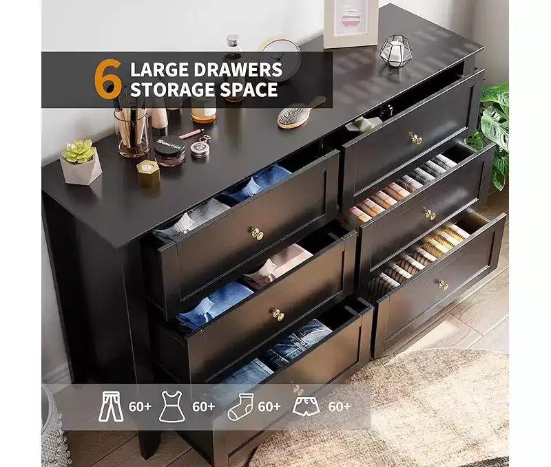 6 Drawer Dresser for Bedroom, 54 Wide Large Dresser with Deep Drawers & Metal Knobs, Modern Wooden Chests of Drawers for Entryway, Hallway