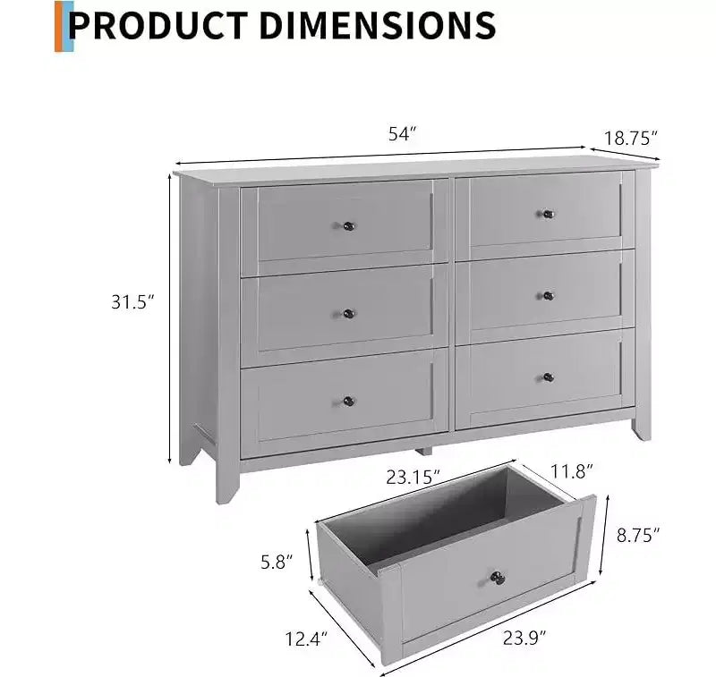 6 Drawer Dresser for Bedroom, 54 Wide Large Dresser with Deep Drawers & Metal Knobs, Modern Wooden Chests of Drawers for Entryway, Hallway