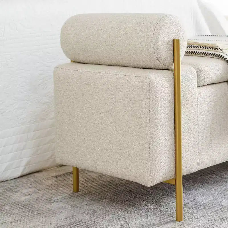 Okak Elegent Storage Bench with Cylindrical Arms, Upholstered End of Bed Bench with Iron Legs, Entryway Bench for Living Room, Bedroom, Bedroom