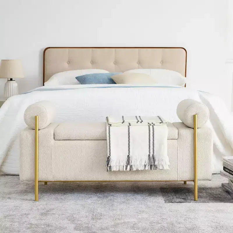 Okak Elegent Storage Bench with Cylindrical Arms, Upholstered End of Bed Bench with Iron Legs, Entryway Bench for Living Room, Bedroom, Bedroom