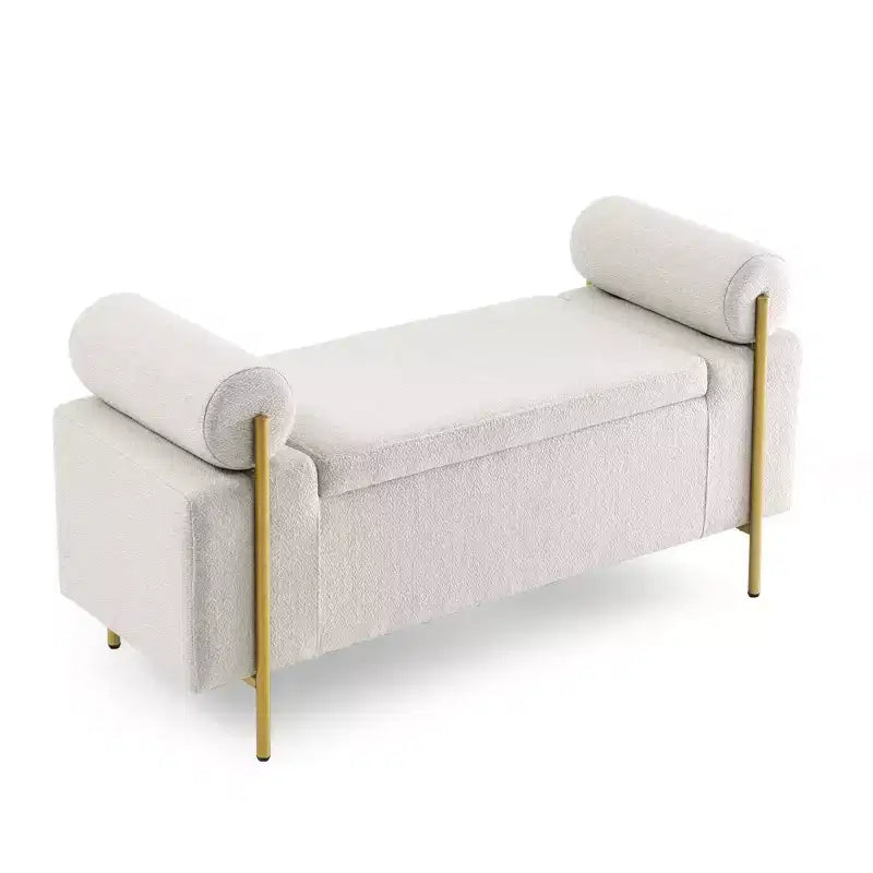 Okak Elegent Storage Bench with Cylindrical Arms, Upholstered End of Bed Bench with Iron Legs, Entryway Bench for Living Room, Bedroom, Bedroom