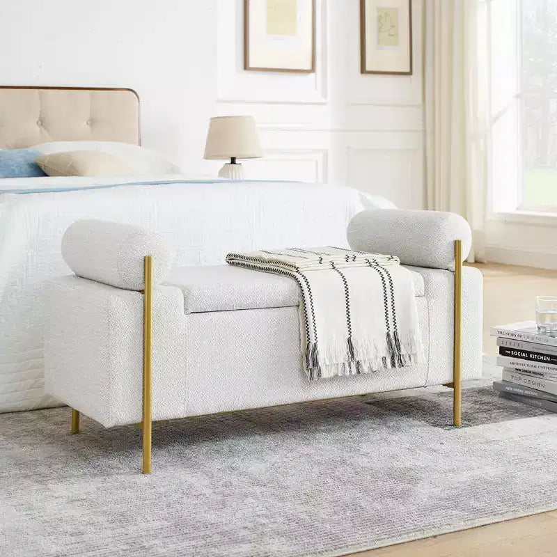 Okak Elegent Storage Bench with Cylindrical Arms, Upholstered End of Bed Bench with Iron Legs, Entryway Bench for Living Room, Bedroom, Bedroom