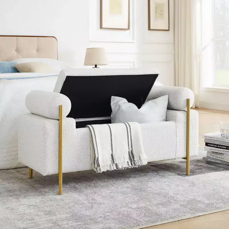Okak Elegent Storage Bench with Cylindrical Arms, Upholstered End of Bed Bench with Iron Legs, Entryway Bench for Living Room, Bedroom, Bedroom