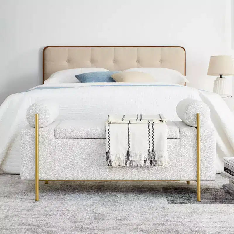 Okak Elegent Storage Bench with Cylindrical Arms, Upholstered End of Bed Bench with Iron Legs, Entryway Bench for Living Room, Bedroom, Bedroom