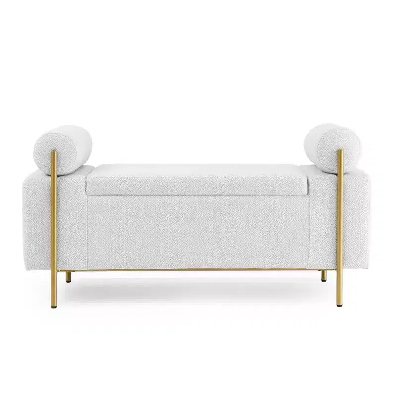Okak Elegent Storage Bench with Cylindrical Arms, Upholstered End of Bed Bench with Iron Legs, Entryway Bench for Living Room, Bedroom, Bedroom