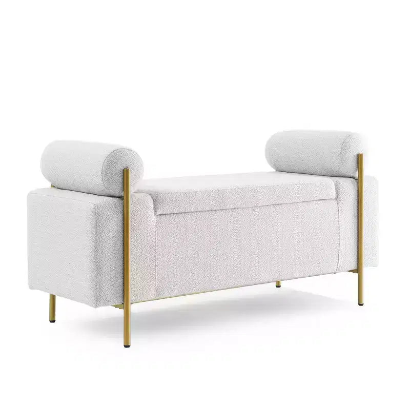 Okak Elegent Storage Bench with Cylindrical Arms, Upholstered End of Bed Bench with Iron Legs, Entryway Bench for Living Room, Bedroom, Bedroom