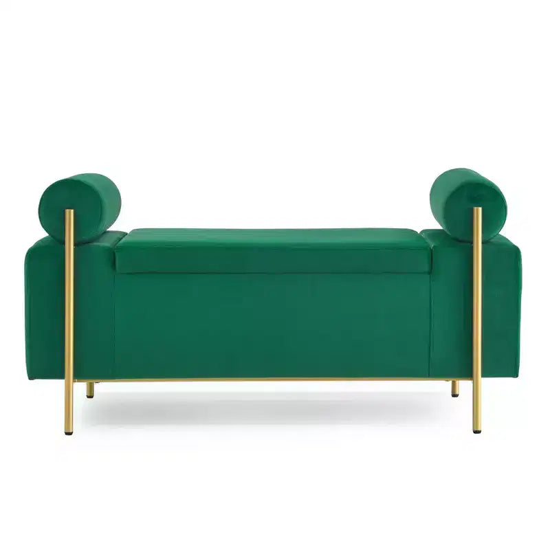 Okak Elegent Storage Bench with Cylindrical Arms, Upholstered End of Bed Bench with Iron Legs, Entryway Bench for Living Room, Bedroom, Bedroom