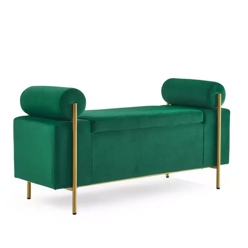 Okak Elegent Storage Bench with Cylindrical Arms, Upholstered End of Bed Bench with Iron Legs, Entryway Bench for Living Room, Bedroom, Bedroom