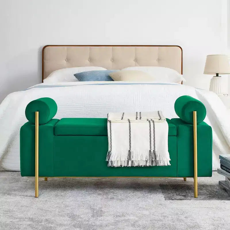 Okak Elegent Storage Bench with Cylindrical Arms, Upholstered End of Bed Bench with Iron Legs, Entryway Bench for Living Room, Bedroom, Bedroom