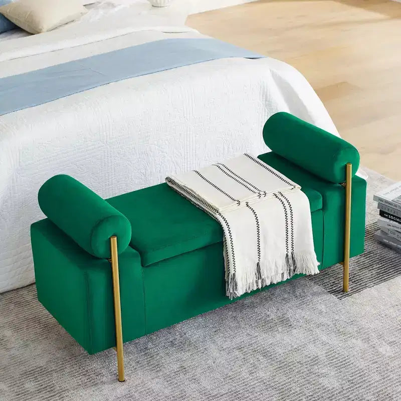 Okak Elegent Storage Bench with Cylindrical Arms, Upholstered End of Bed Bench with Iron Legs, Entryway Bench for Living Room, Bedroom, Bedroom