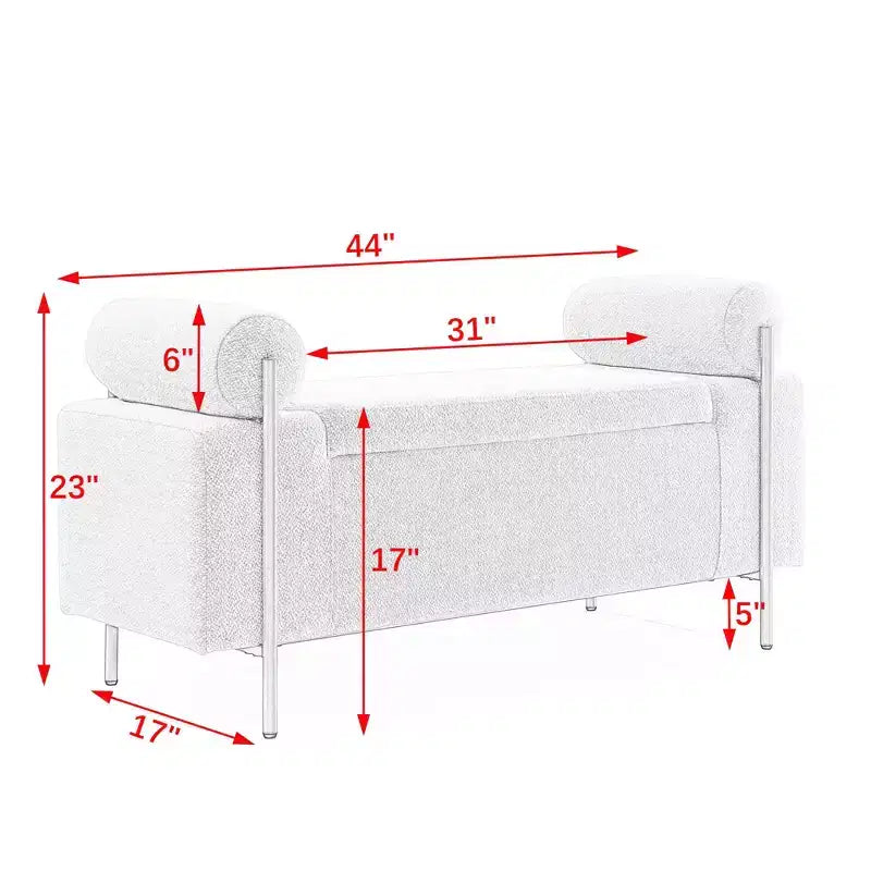 Okak Elegent Storage Bench with Cylindrical Arms, Upholstered End of Bed Bench with Iron Legs, Entryway Bench for Living Room, Bedroom, Bedroom