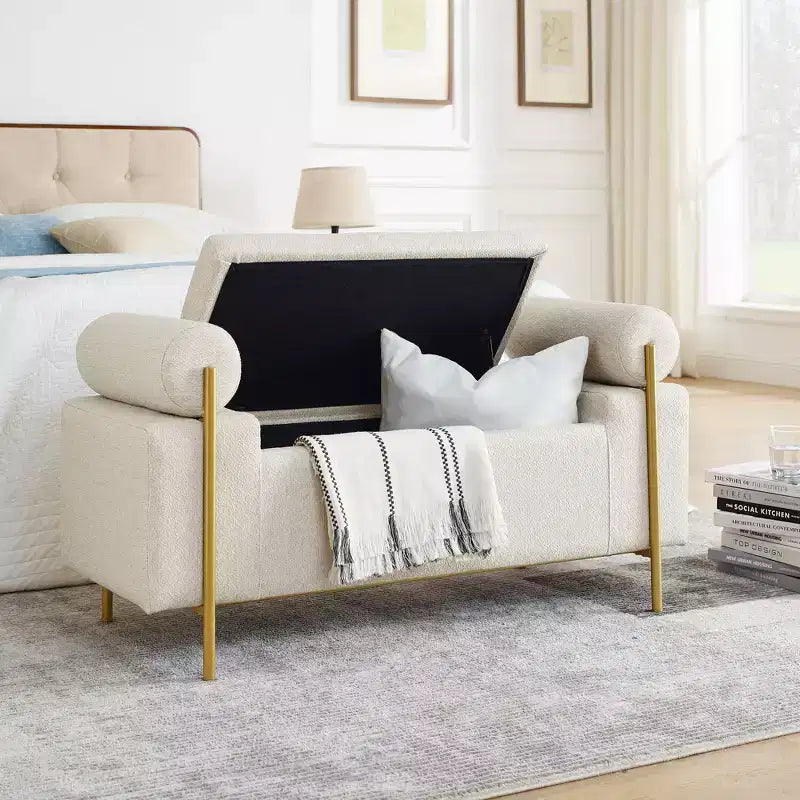 Okak Elegent Storage Bench with Cylindrical Arms, Upholstered End of Bed Bench with Iron Legs, Entryway Bench for Living Room, Bedroom, Bedroom